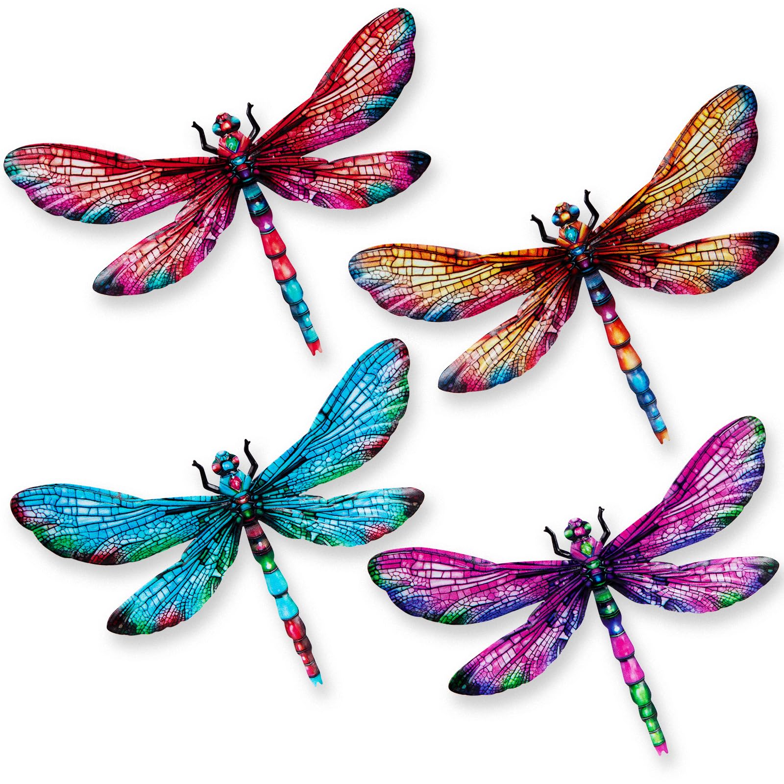 SUNREEK dragonfly wall decor 4-pack front view with vivid colors for outdoor spaces