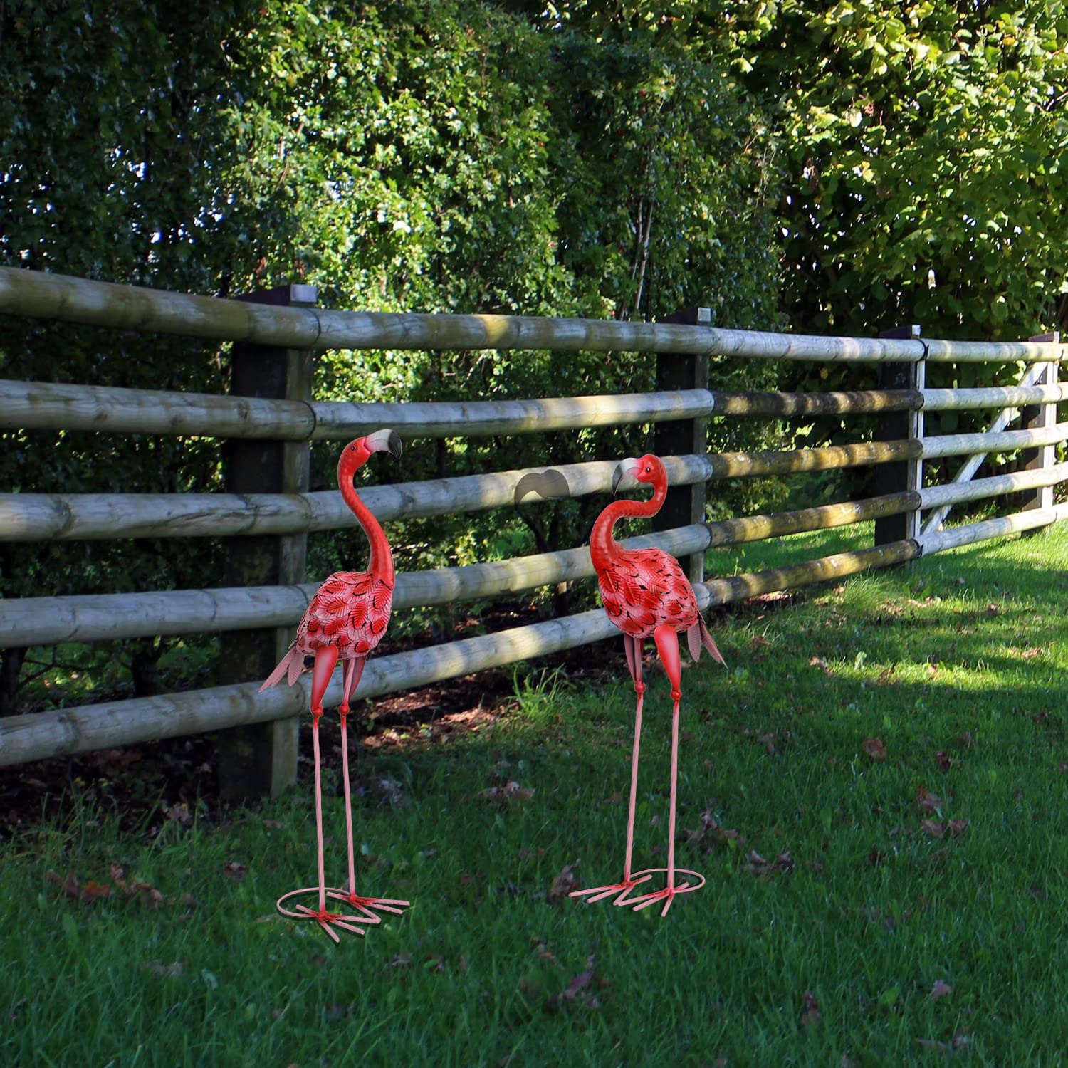 Two flamingos in compact and tall sizes for balanced yard decor by SUNREEK
