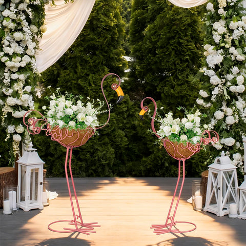 SUNREEK flamingo planters with coconut fiber baskets for plant display.