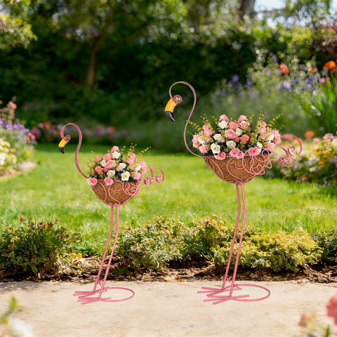 SUNREEK flamingo planter with four metal stakes ensures stable display.