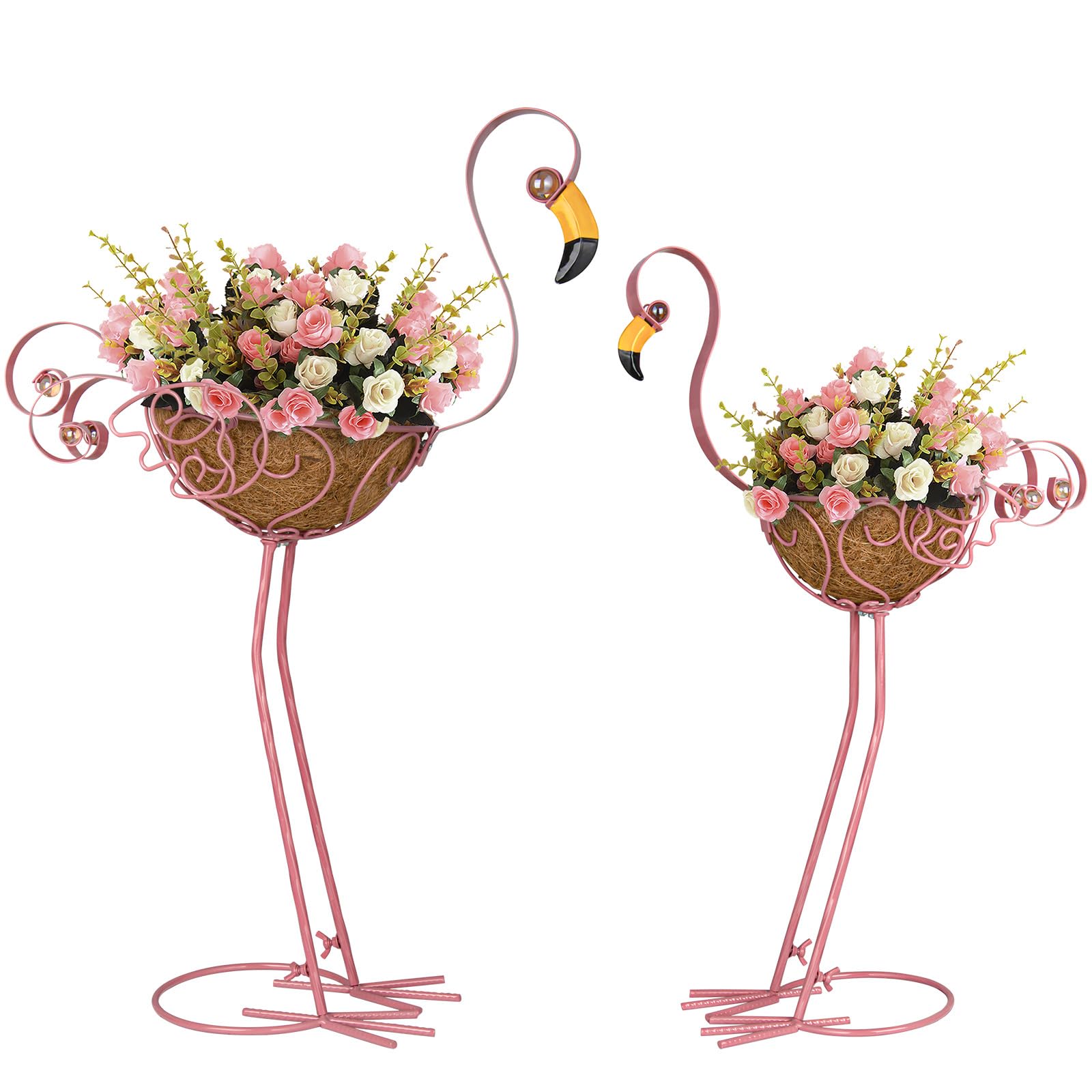 SUNREEK pink flamingo planter pair with baskets for outdoor decor.