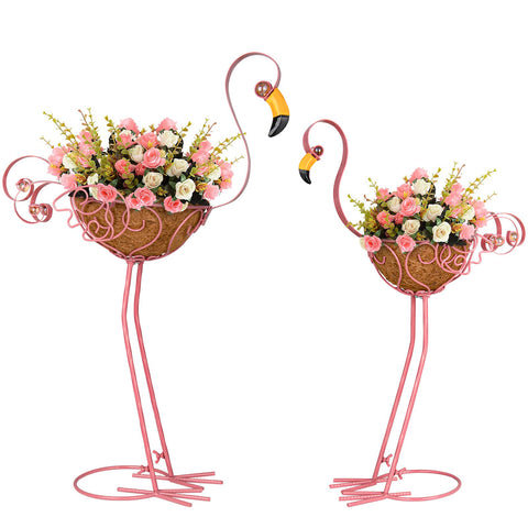 SUNREEK pink flamingo planter pair with baskets for outdoor decor.