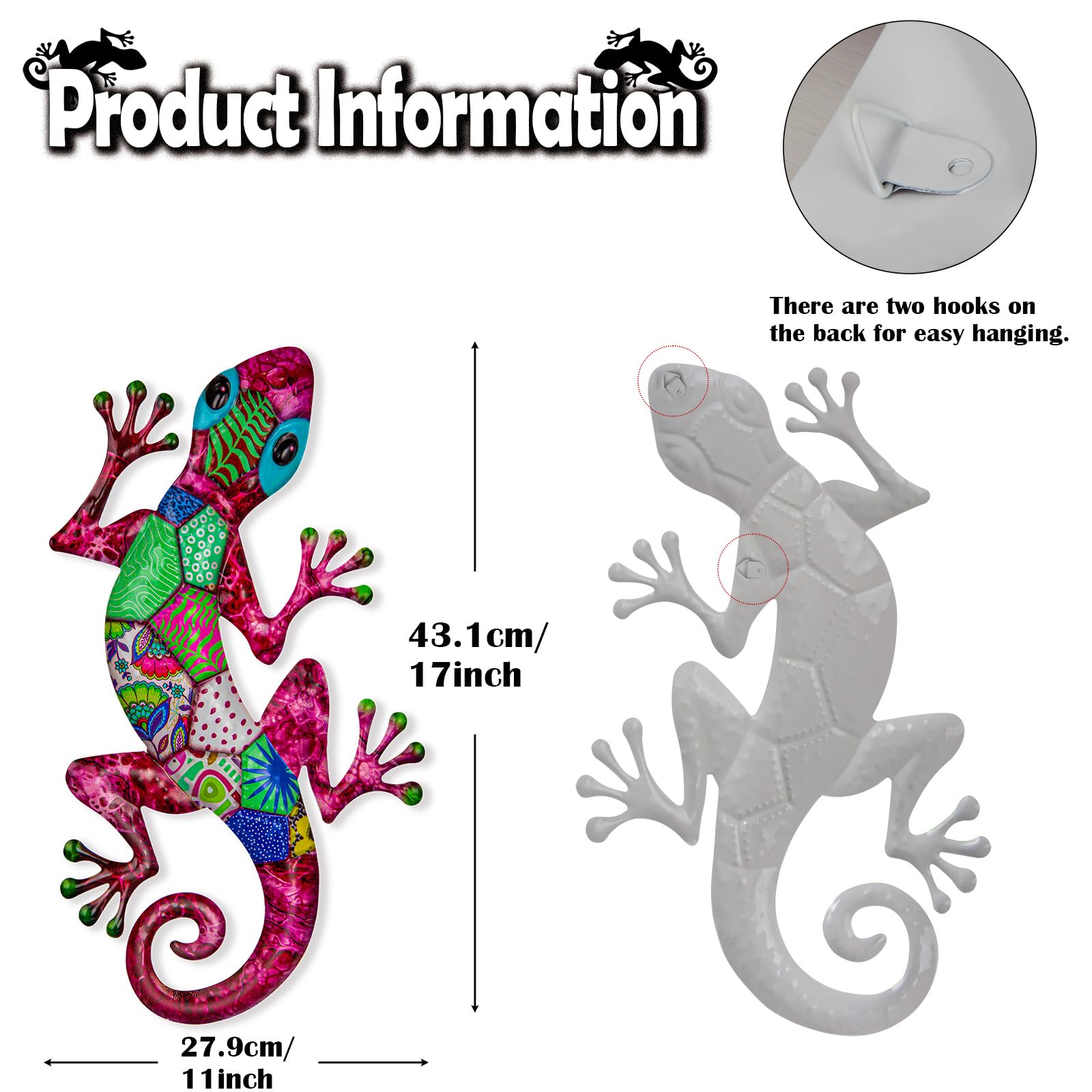 Two-piece gecko sculpture measures 17 inches for visible outdoor accent.