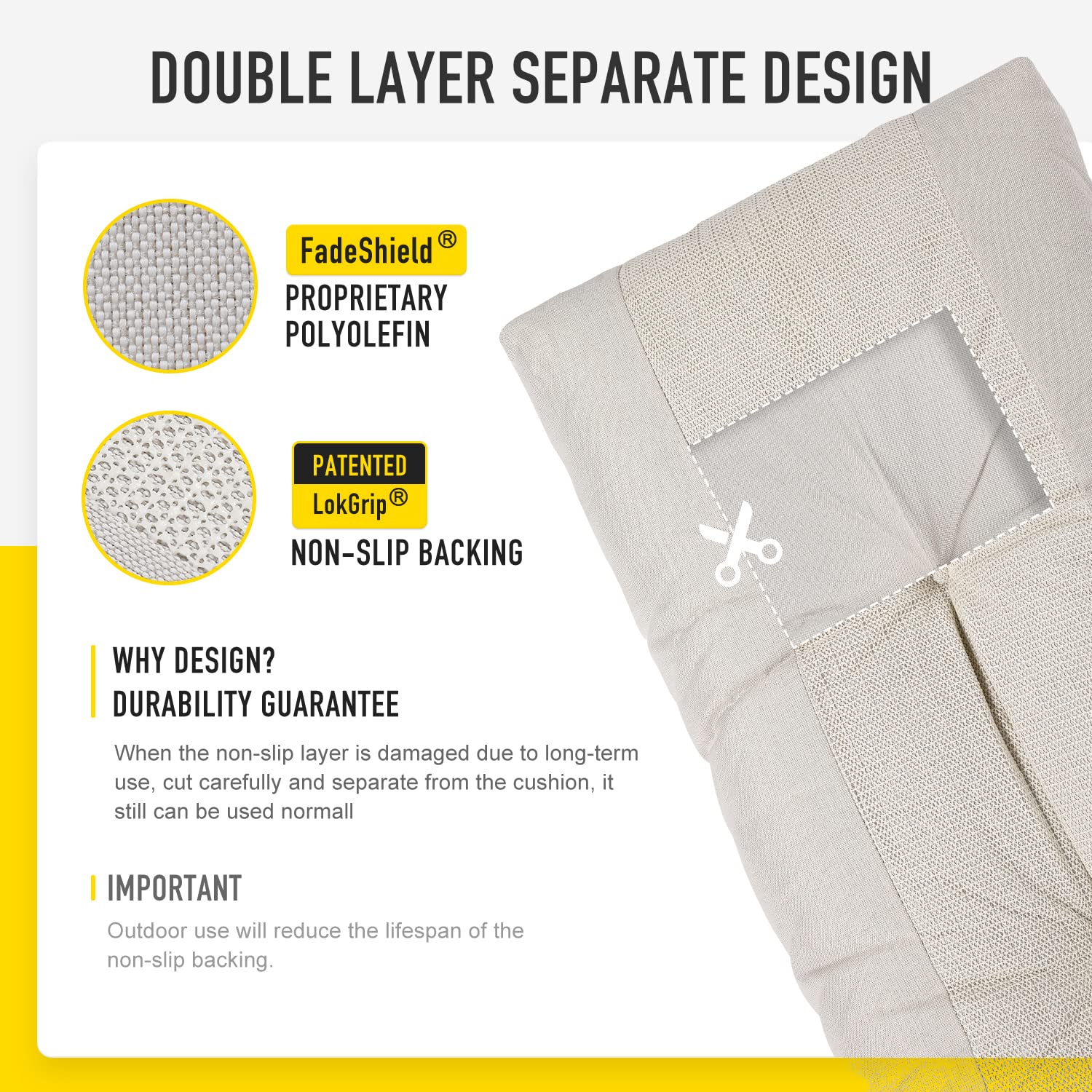 FadeShield fabric resists UV fade for outdoor and indoor use.