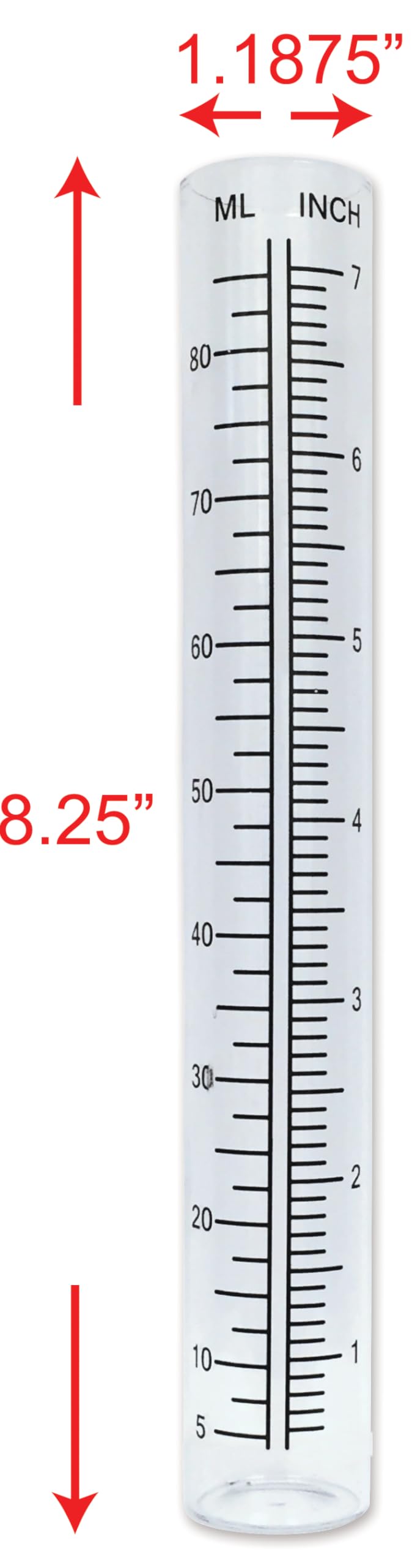Sunset Vista rain gauge glass tube close-up showing clear reading surface.