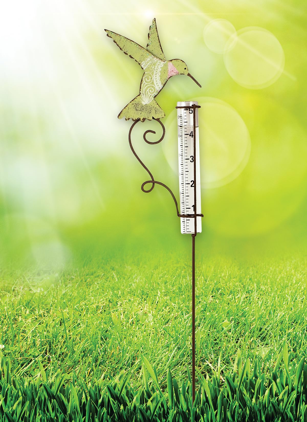 Sunset Vista Designs glass rain gauge tube in a garden for decorative display.