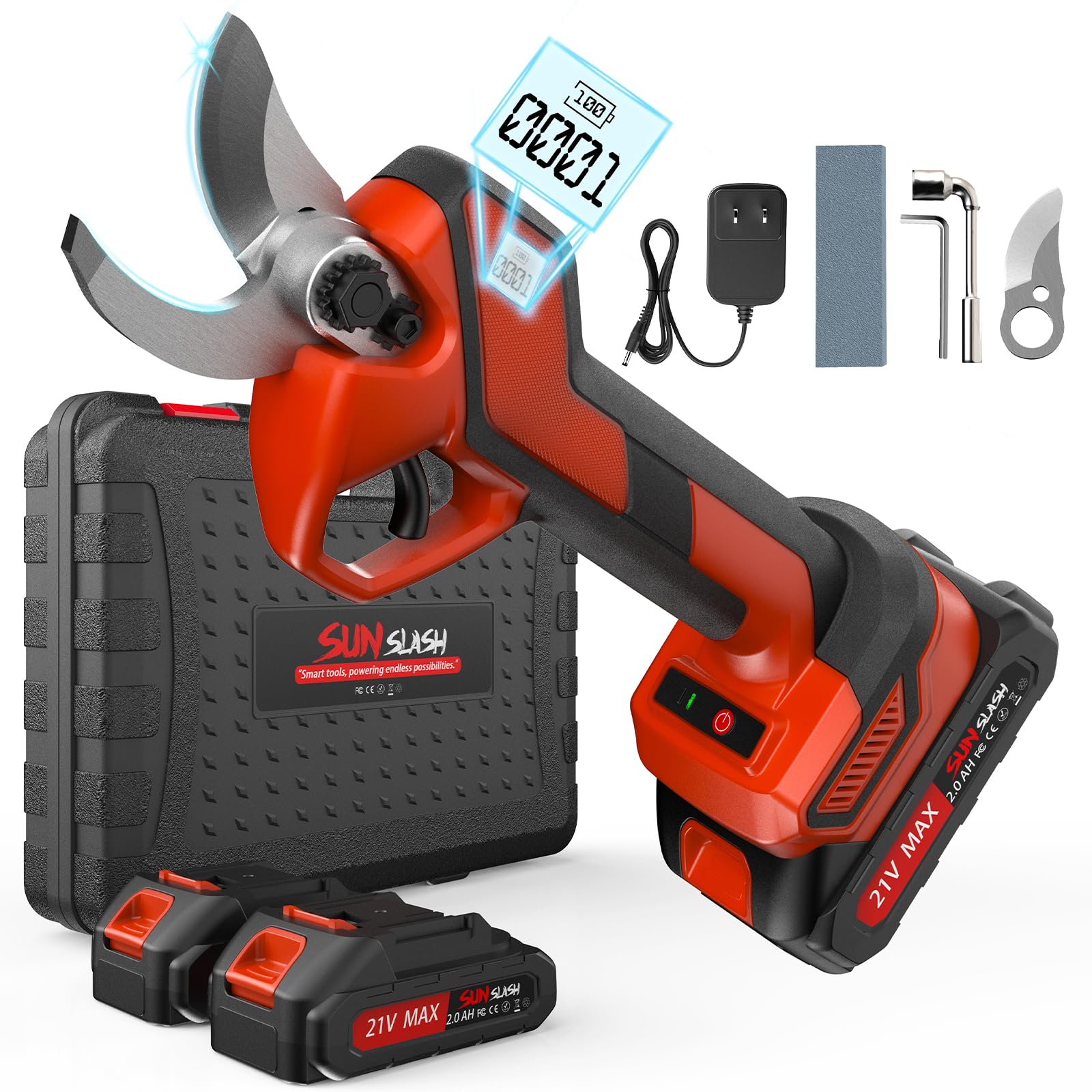 SUNSLASH upgraded cordless pruning shears with LCD display for precise cuts and battery monitoring.