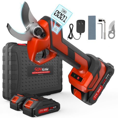 SUNSLASH upgraded cordless pruning shears with LCD display for precise cuts and battery monitoring.