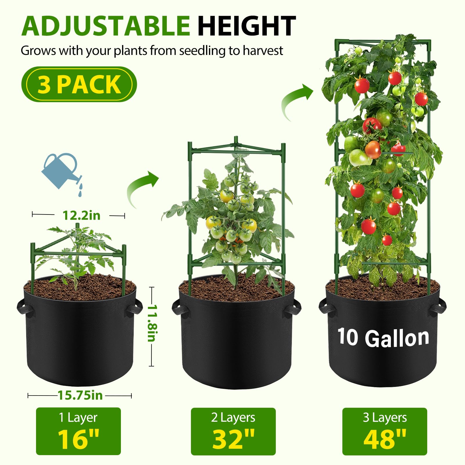 Suntee adjustable-height tomato cage showcases scalable support from seedling to full-grown tomato