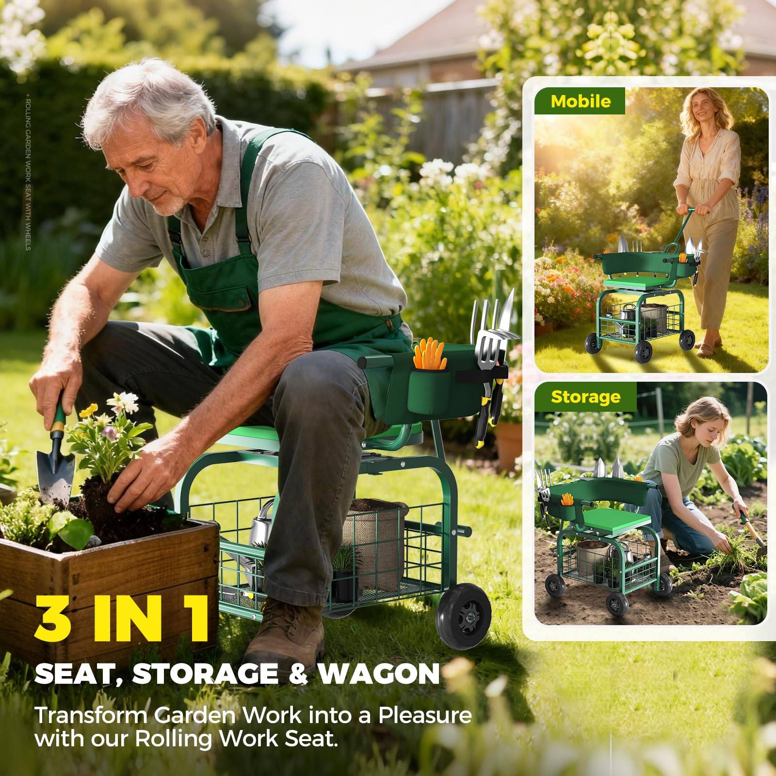 Suntee garden seat with wheels backrest closeup highlighting lumbar support.