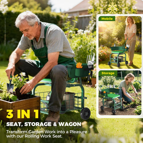 Suntee garden seat with wheels backrest closeup highlighting lumbar support.