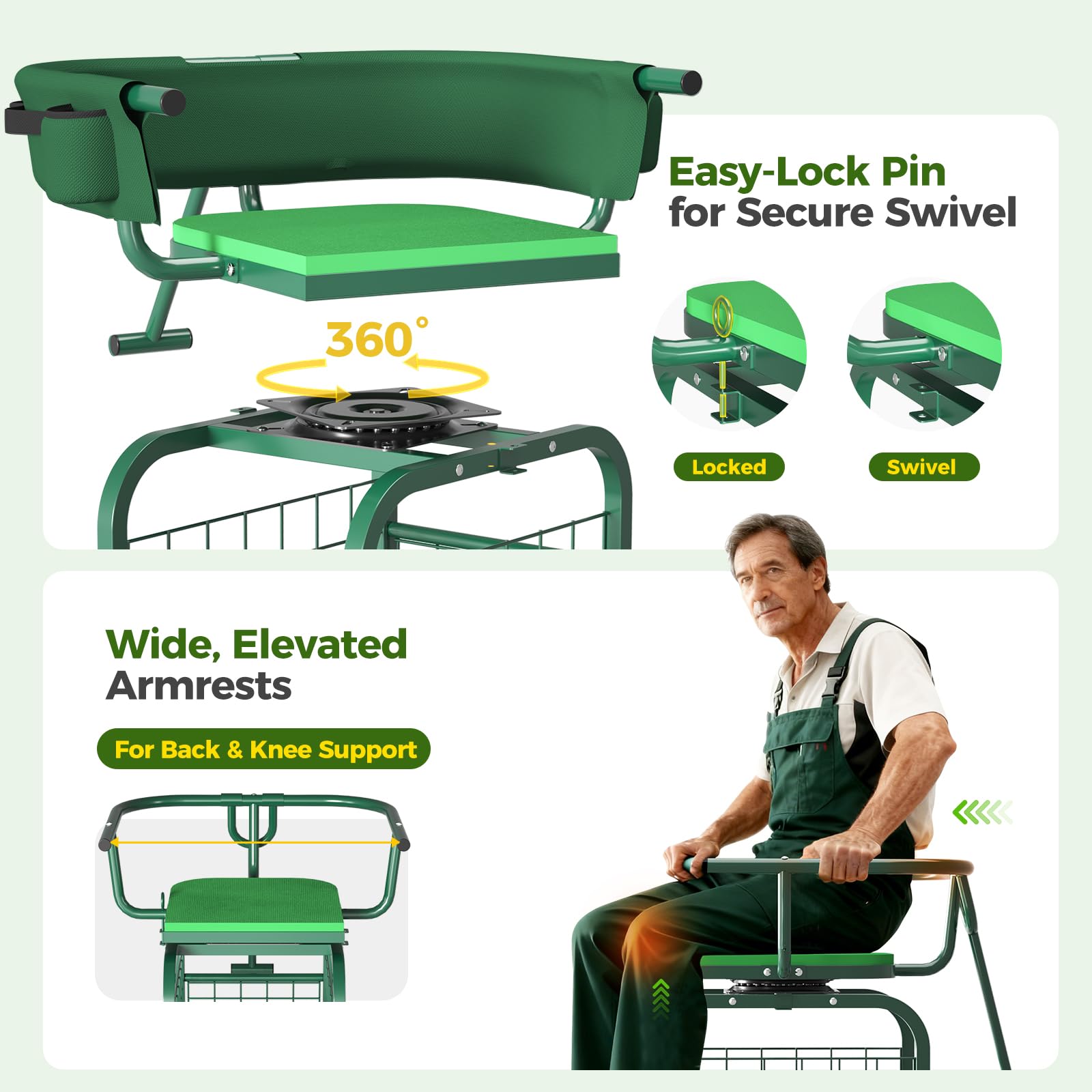 Suntee garden seat with wheels oversized basket stores tools and supplies.