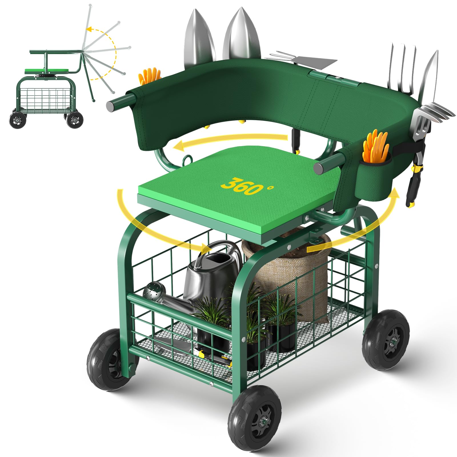 Suntee garden seat with wheels side view for easy garden mobility.