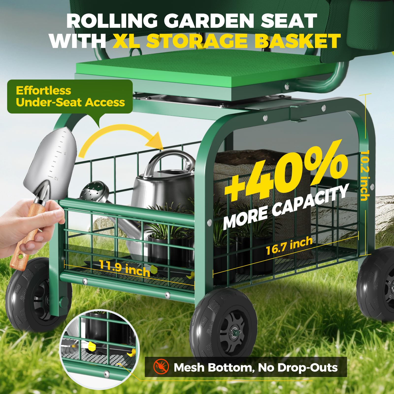 Suntee garden seat with wheels tool pouch keeps essentials organized.