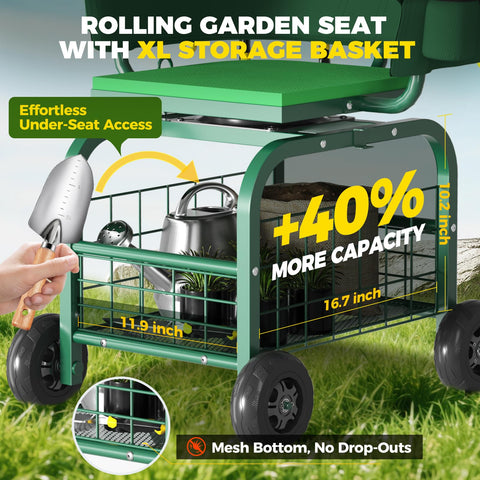 Suntee garden seat with wheels tool pouch keeps essentials organized.