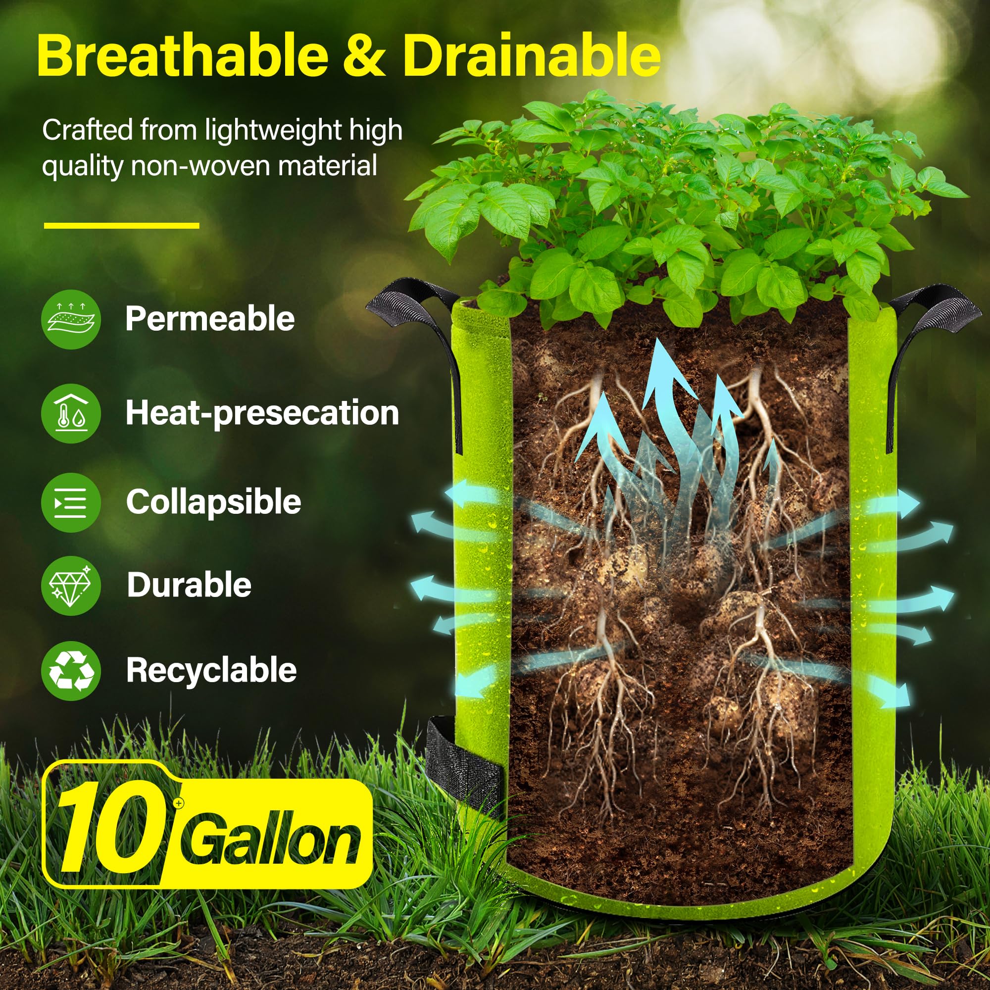 Suntee grow bags with dual-side handles simplify moving plants around the garden.