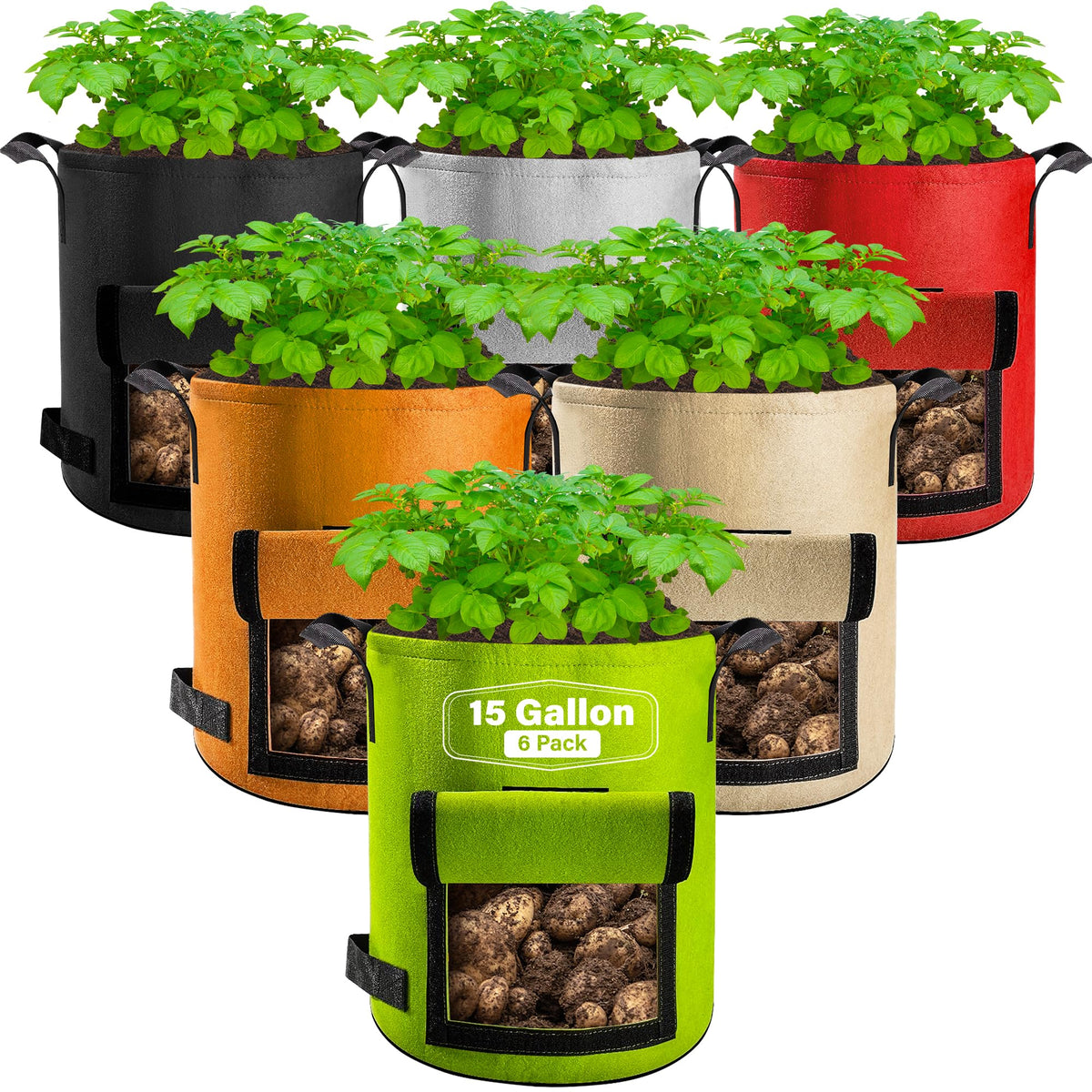 Suntee grow bags with flap and handles for easy transport.