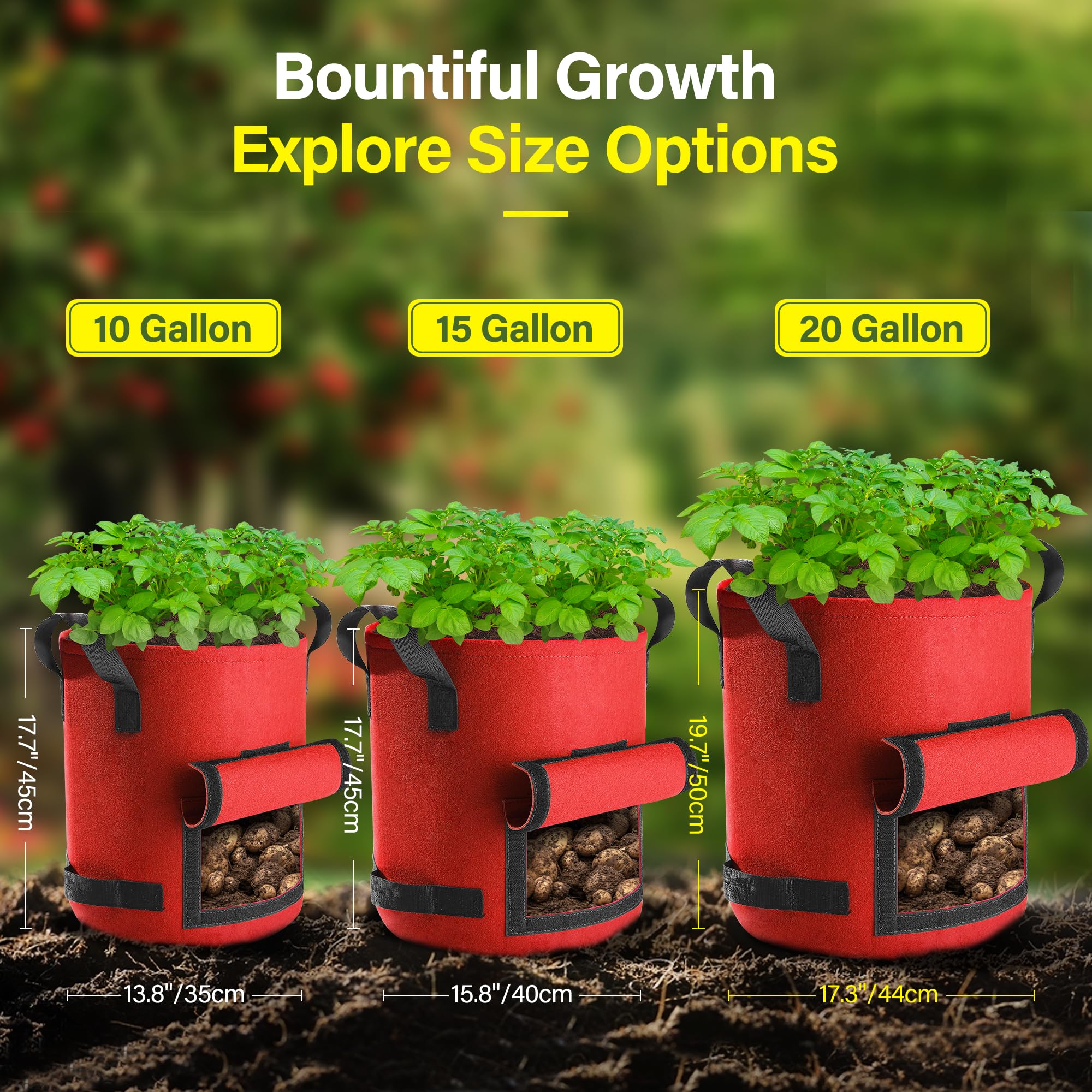 Suntee 10-gallon bags for indoor and outdoor planting versatility.