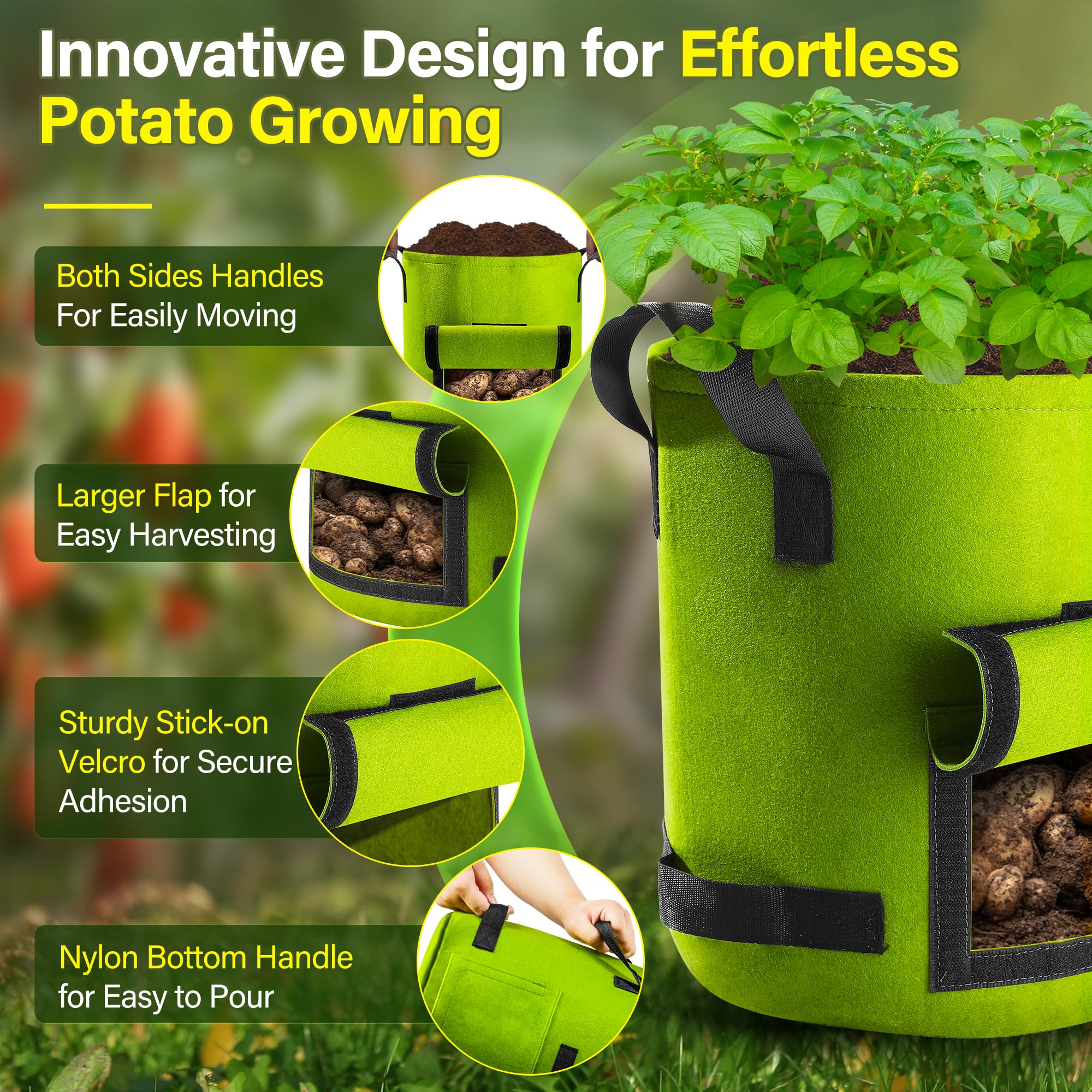 Suntee large Velcro harvest flap facilitates quick potato picking