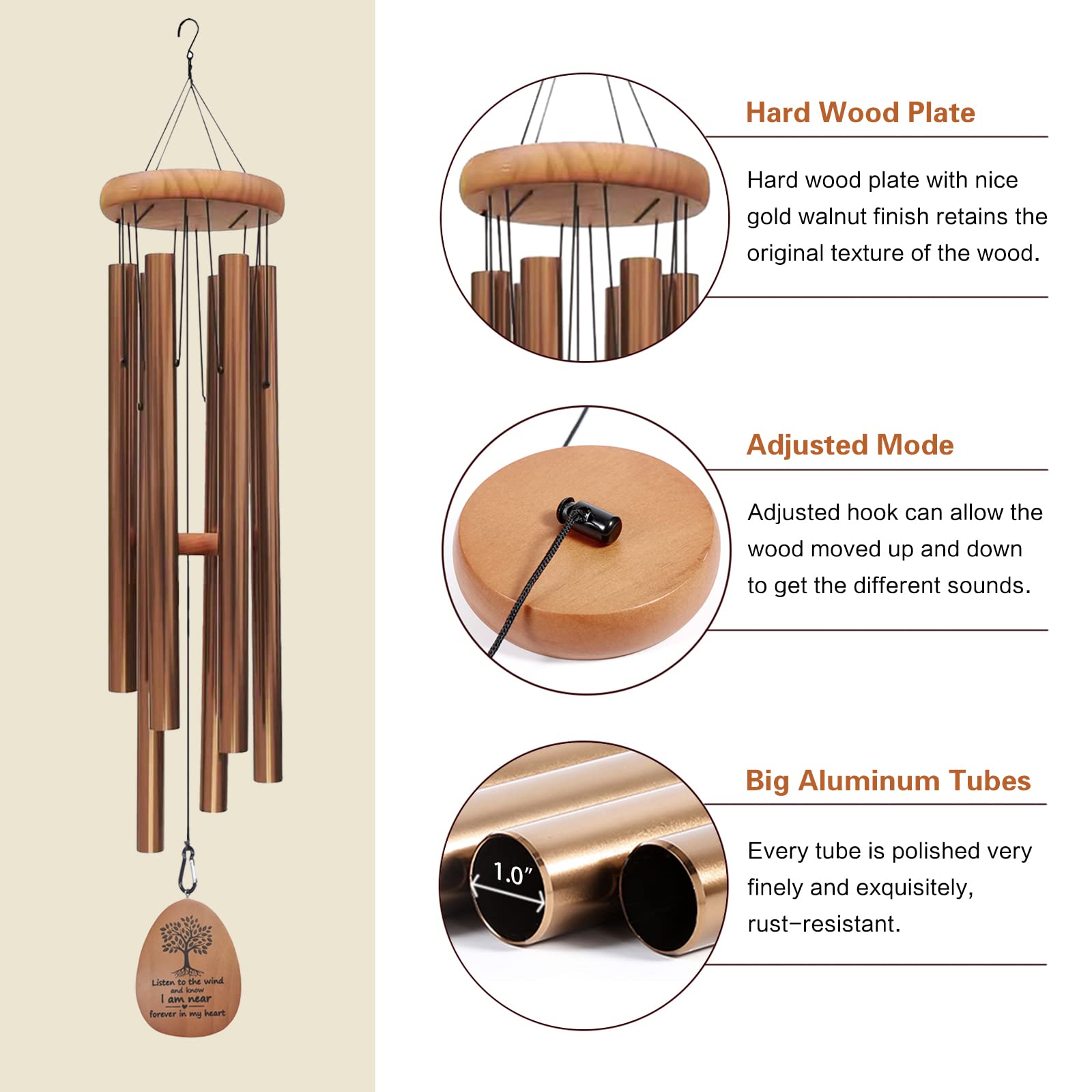 Suntimber bronze wind chimes with wooden dinger for rich tones