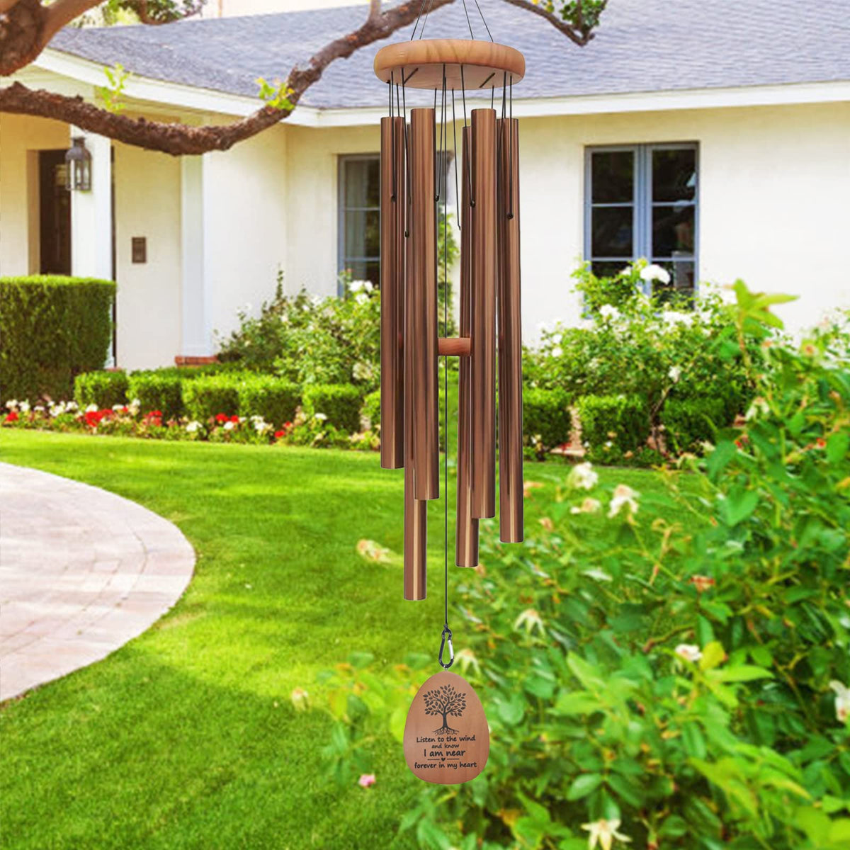 Suntimber large wind chimes outdoors in bronze with deep tone in garden