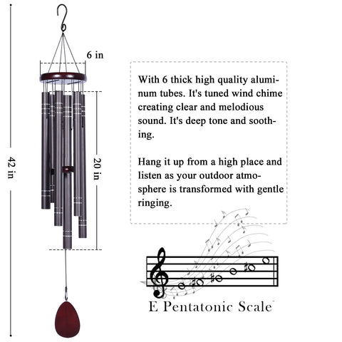 Suntimber six-tube wind chime design enhances deep tone resonance.
