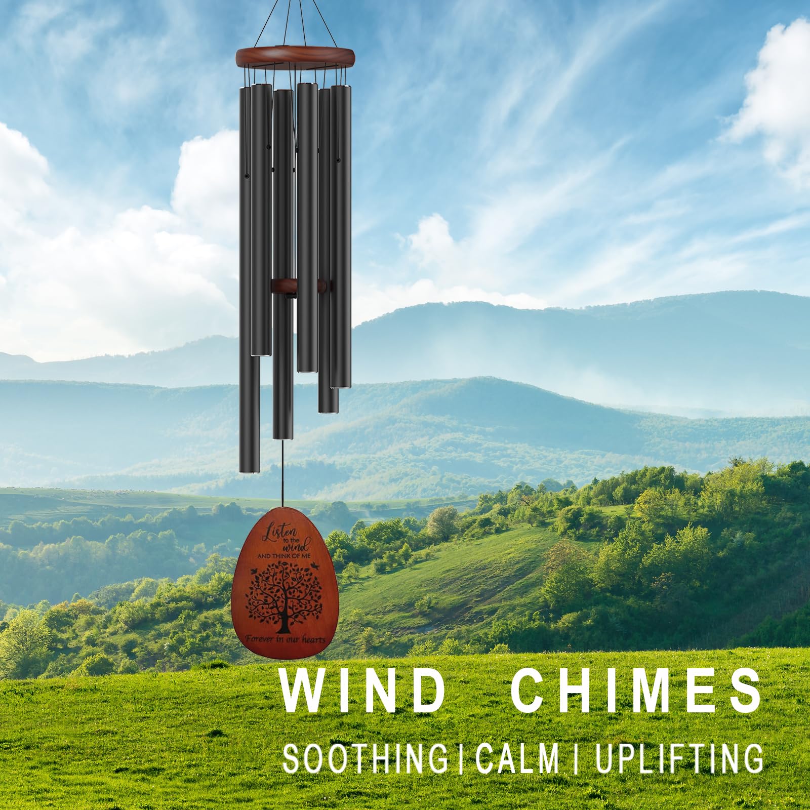 Suntimber Tree of Life wind chimes hanging on porch creates comforting outdoor soundscape.