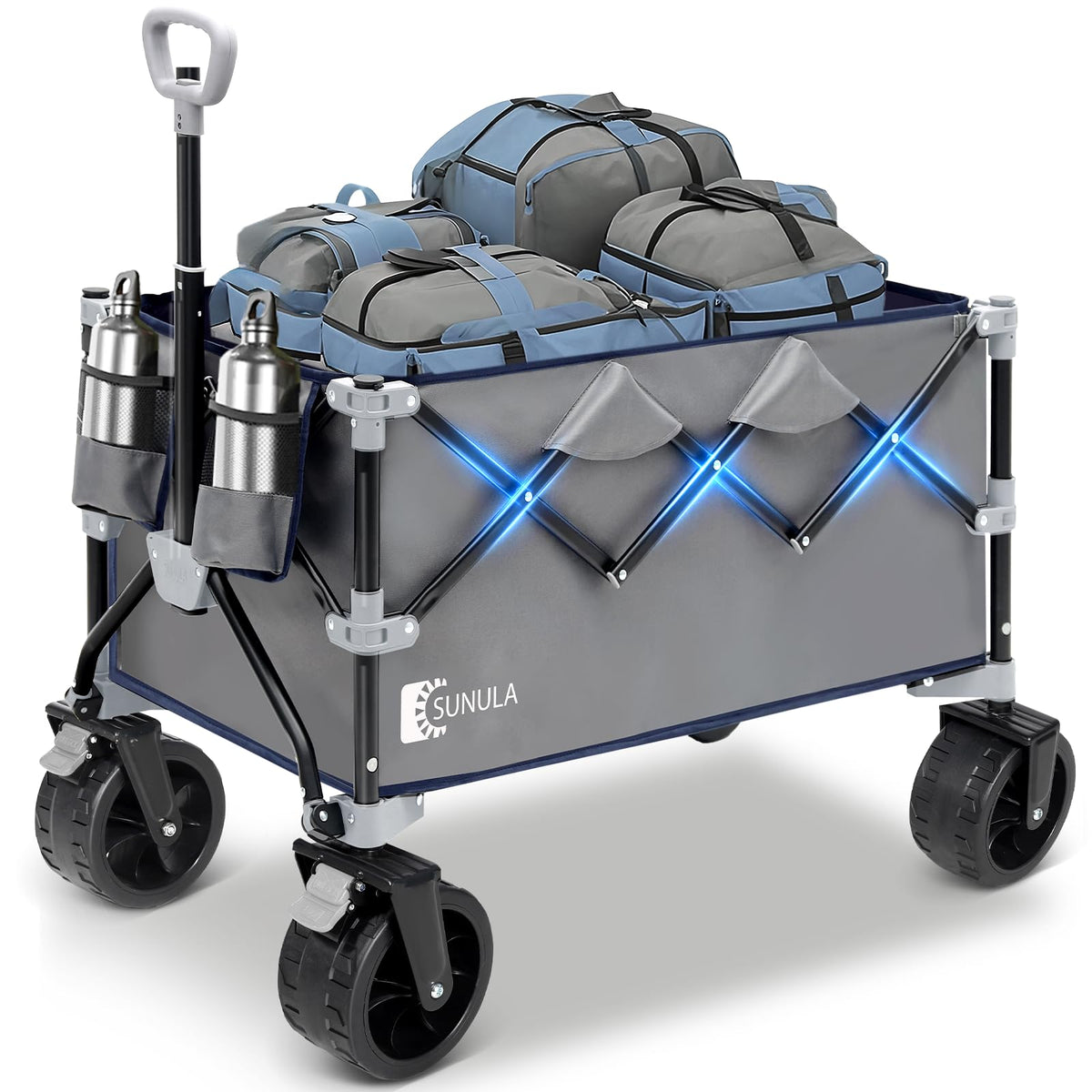 Sunula collapsible wagon front view with all-terrain wheels for outdoor transport.