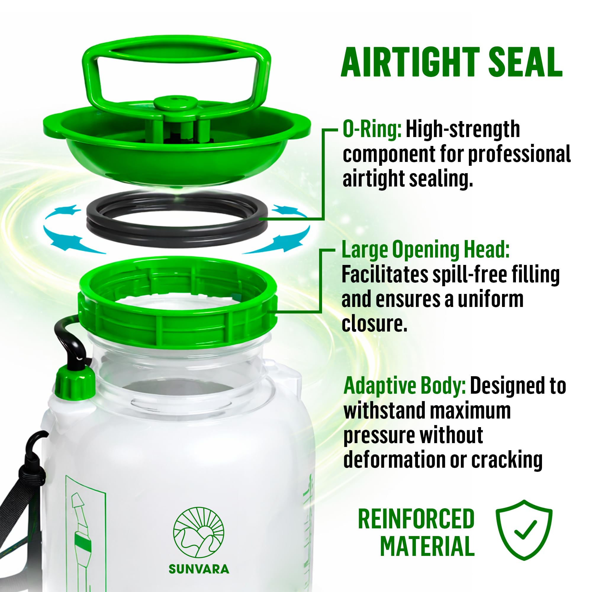 SunVara 5L pump sprayer with shoulder strap for extended sessions.