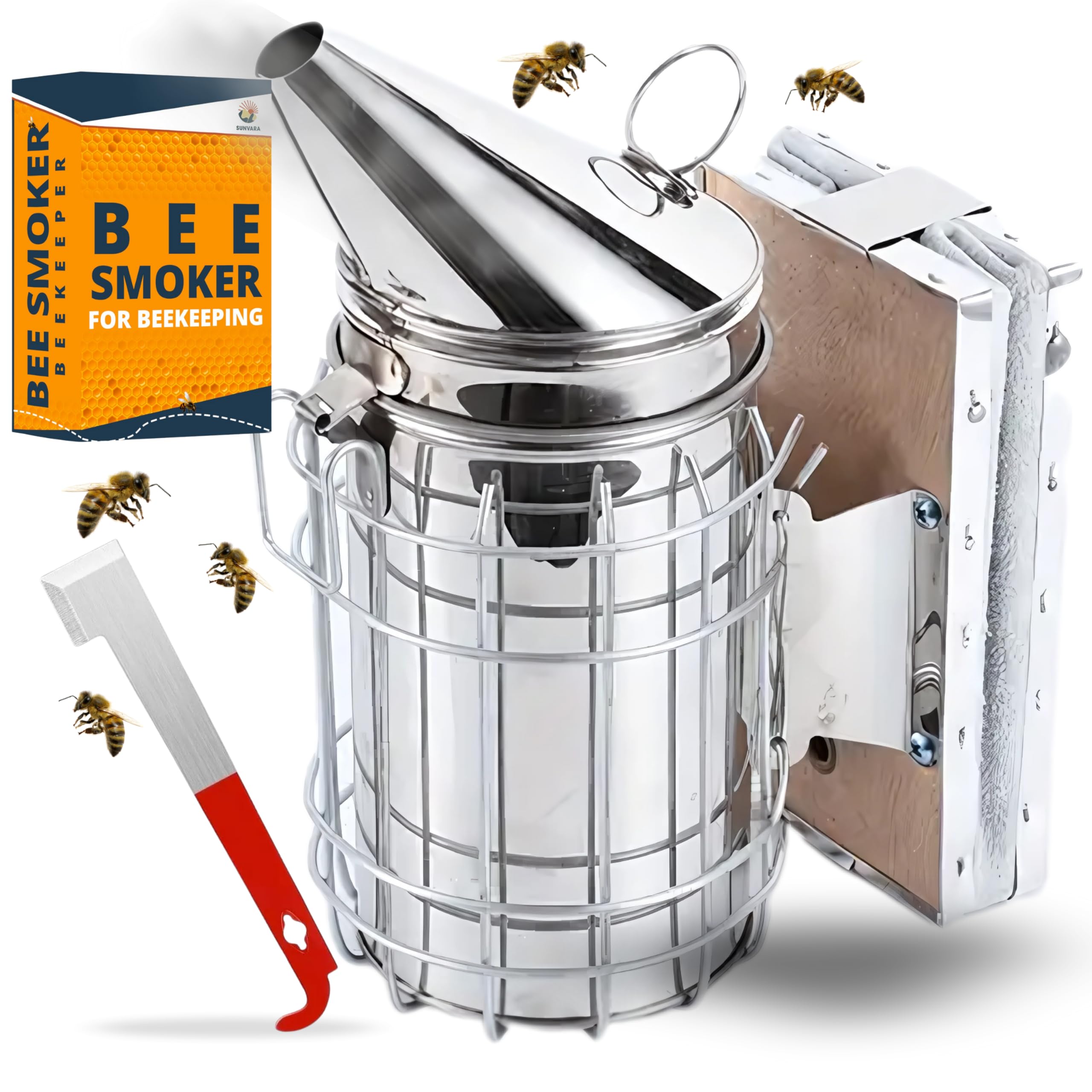 SunVara bee smoker 11in dome shows safe, glove-friendly access to fuel.