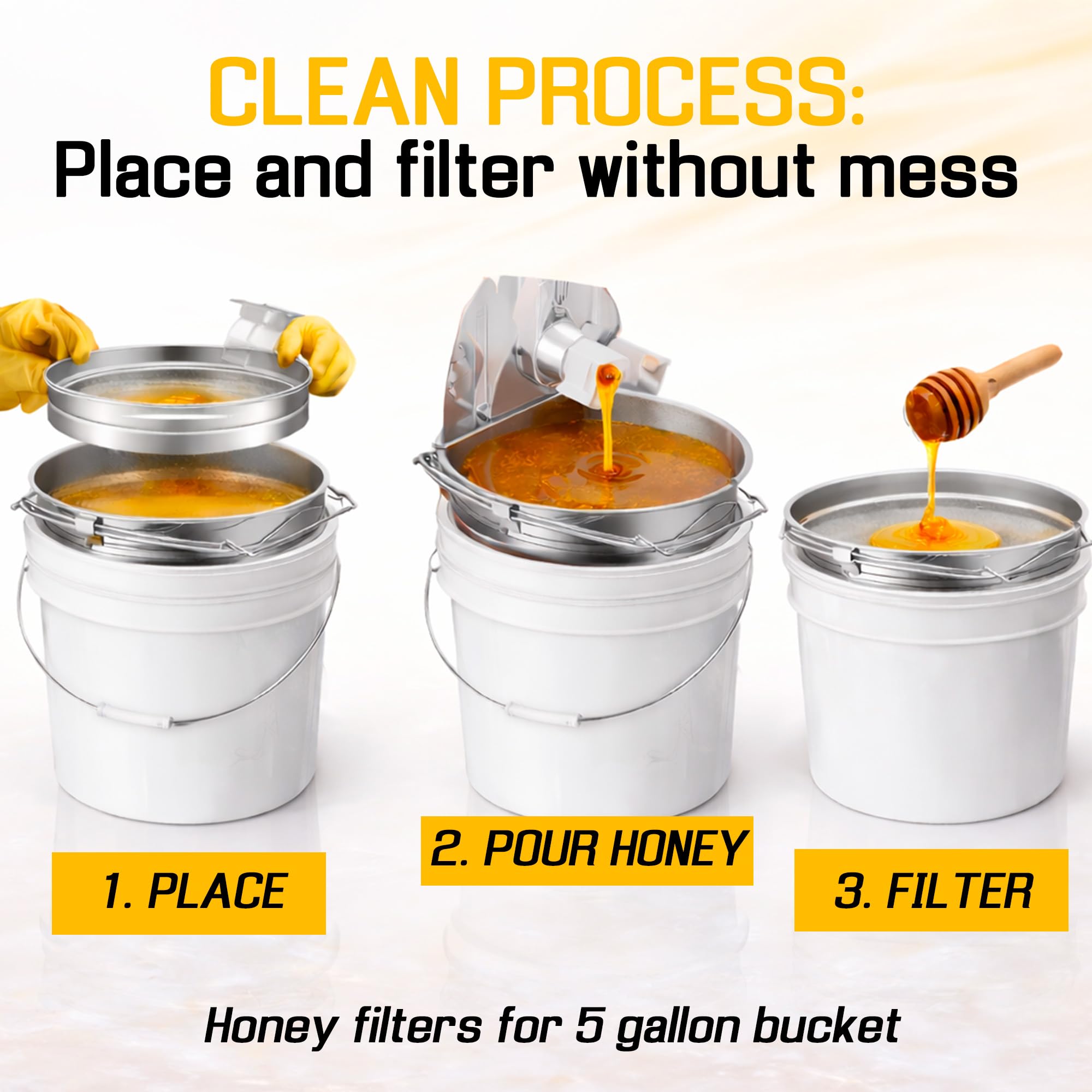 SunVara honey strainer demonstrates the two-filter system in action for smooth honey.