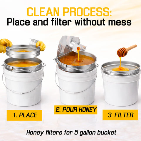 SunVara honey strainer demonstrates the two-filter system in action for smooth honey.