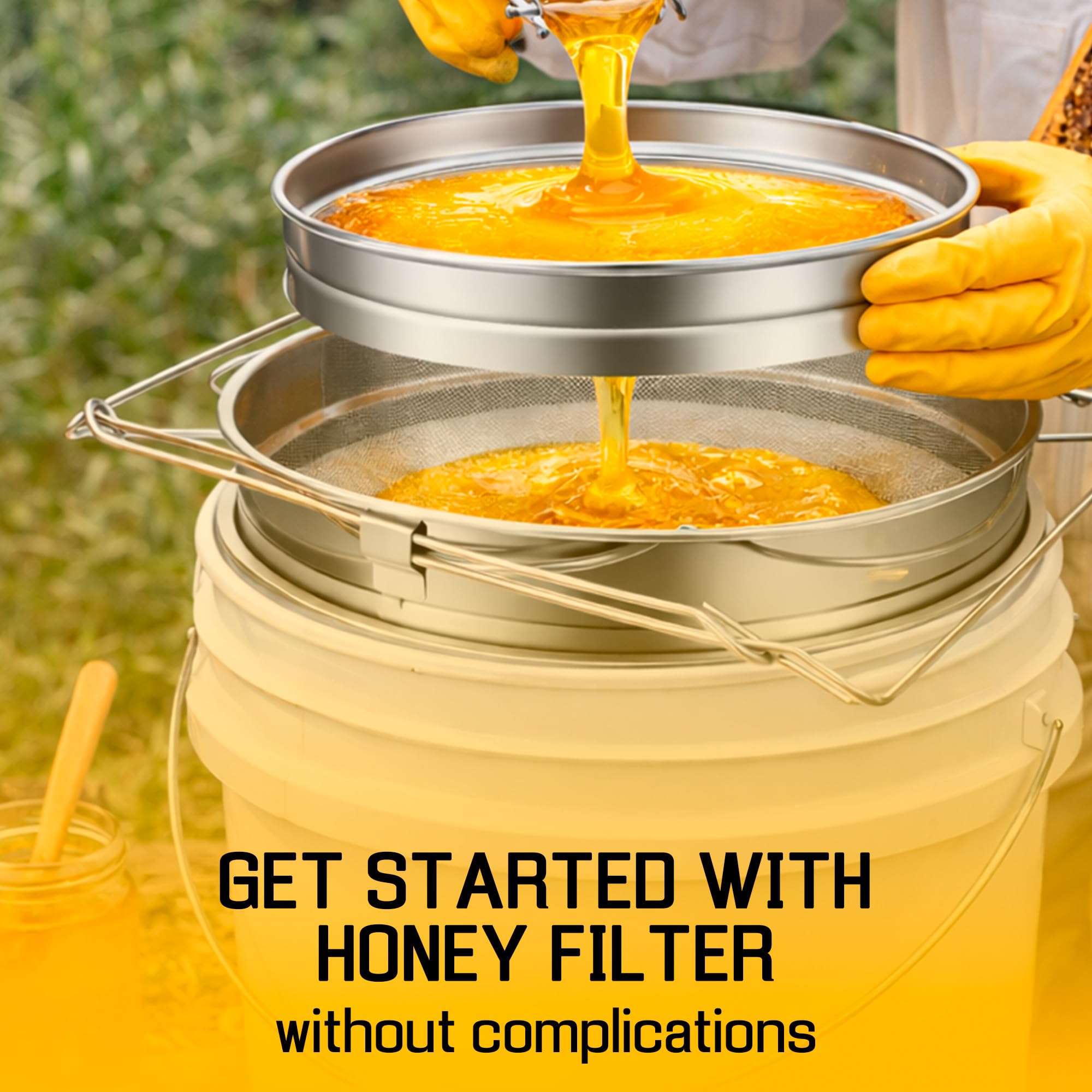 SunVara honey filter in use helps raw honey flow cleanly into jars.