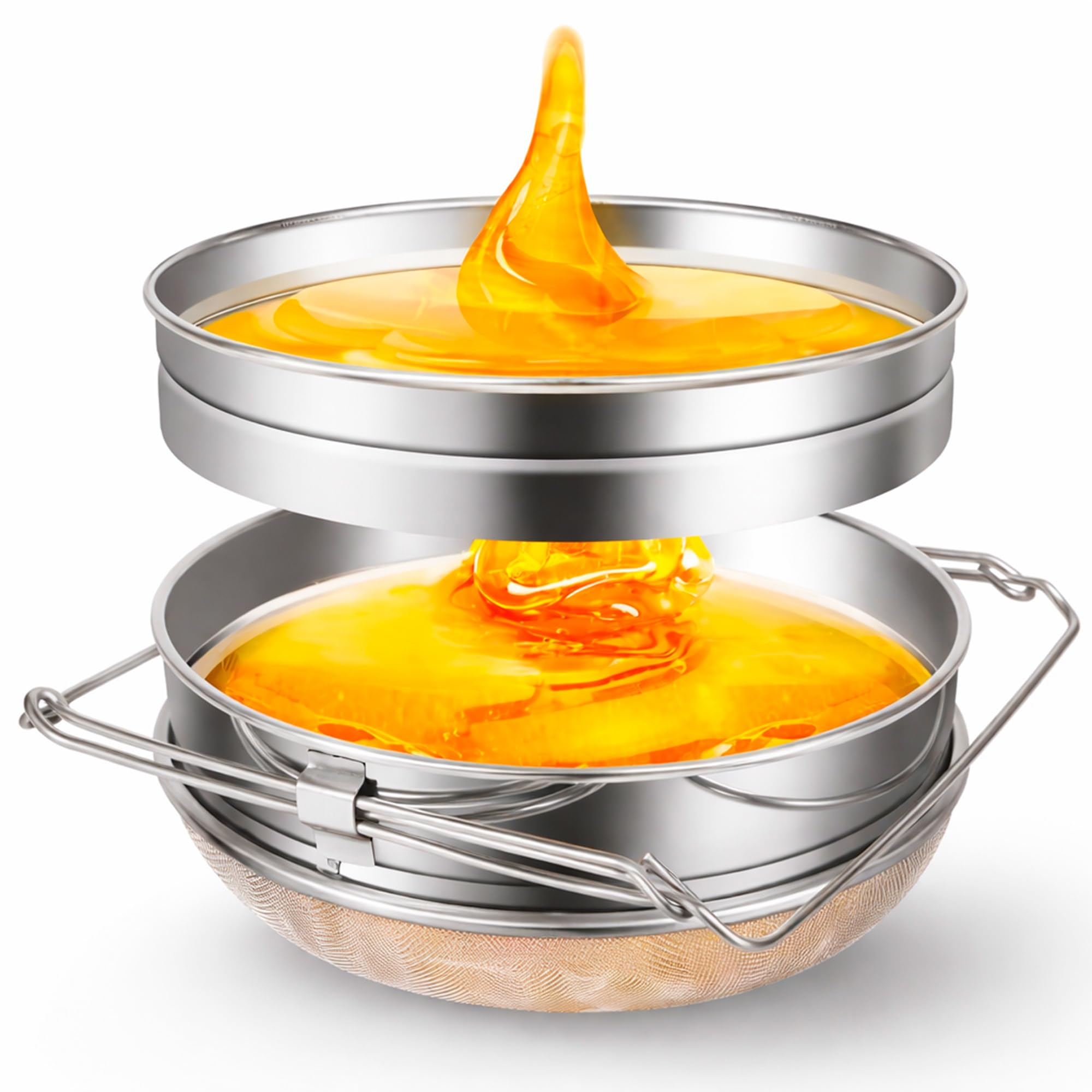 SunVara honey strainer setup with dual sieve for cleaner honey.