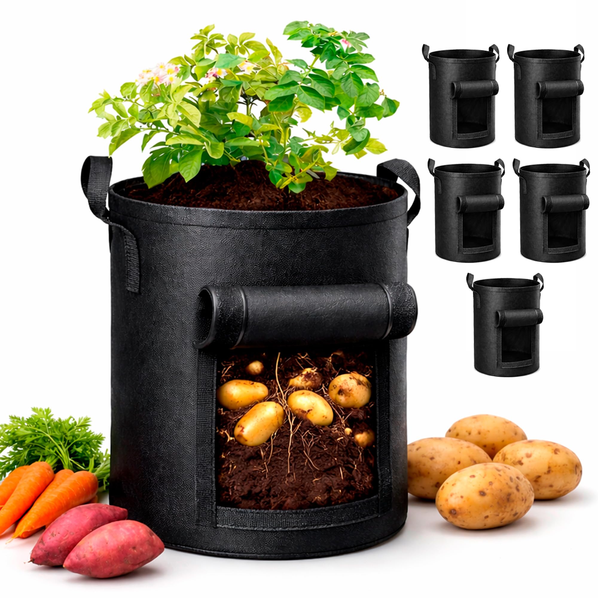 SunVara potato grow bags packaging shown for urban garden setups