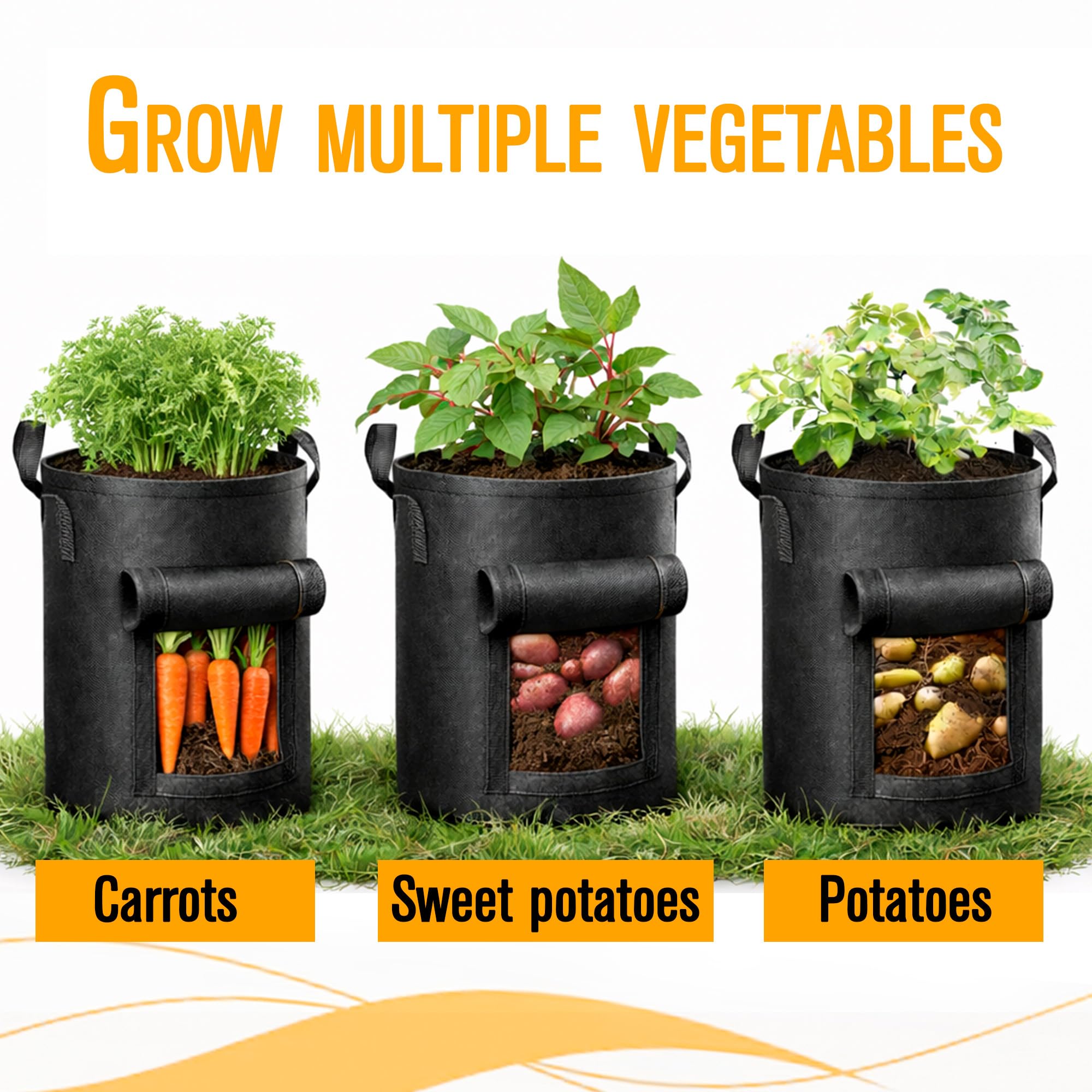 SunVara grow bags shown used with tomatoes and vegetables