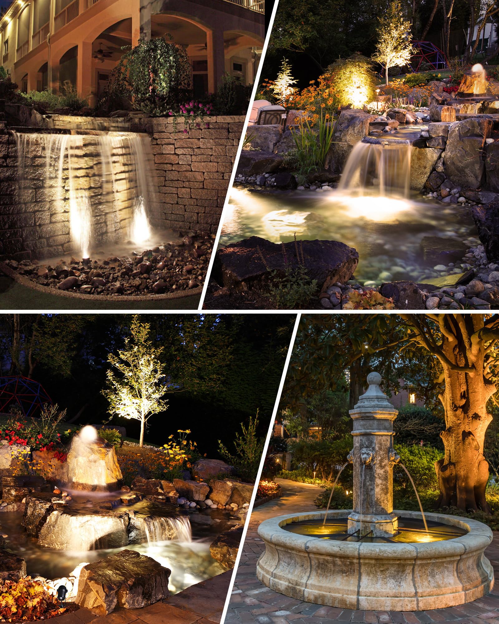 Night scene with SUNVIE 3W pond light illuminating pond and fountain.