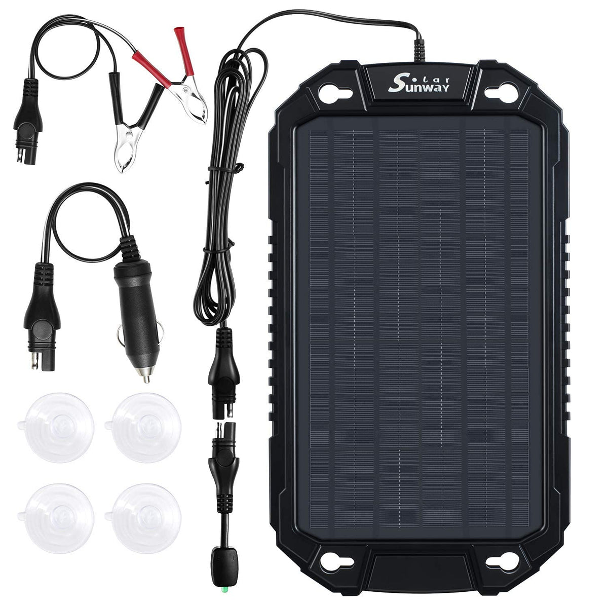 Sunway Solar 8W panel catching sunlight to top off a 12V battery.
