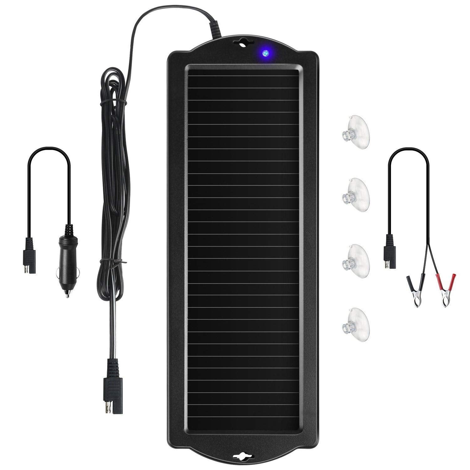 Sunway Solar car battery charger mounted on windshield for easy maintenance