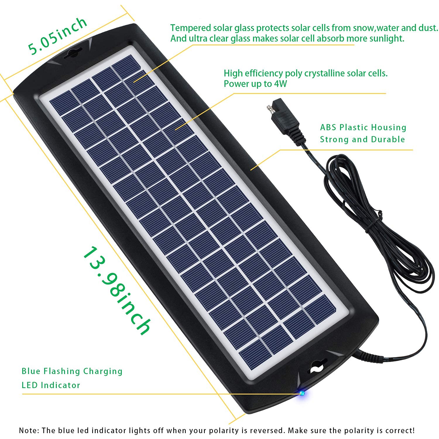 Sunway Solar dashboard plug keeps 12V battery topped off via cigarette lighter.