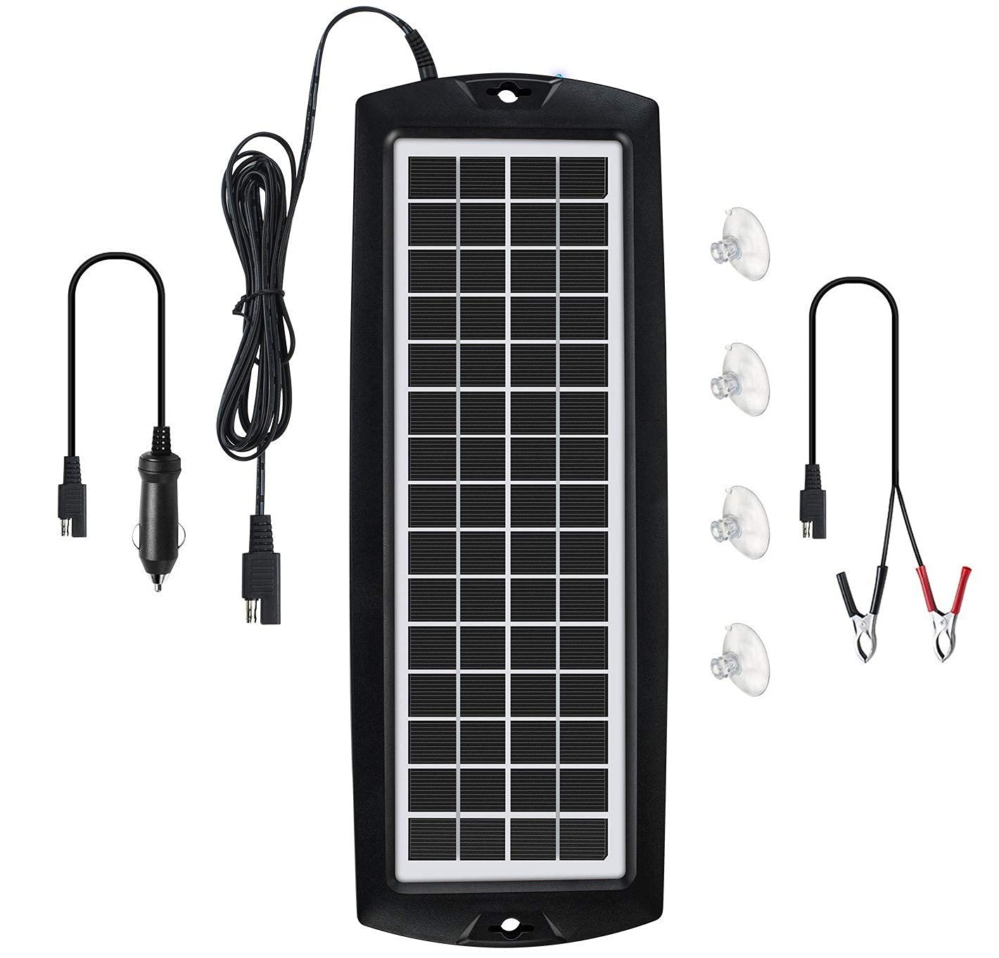 Sunway Solar dashboard-mount 5W charger keeps car battery topped off in daylight.