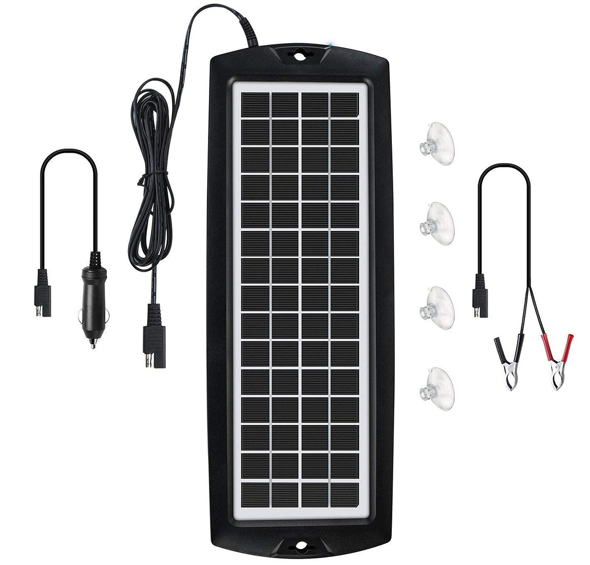 Sunway Solar dashboard-mount 5W charger keeps car battery topped off in daylight.