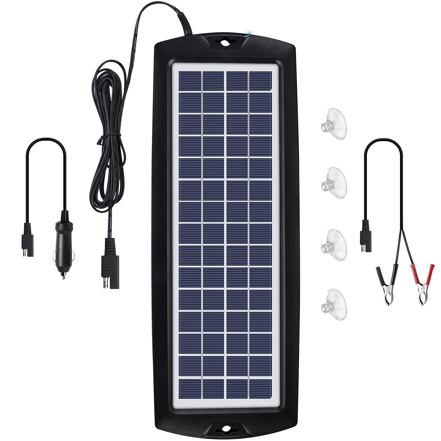 Sunway Solar 4W panel mounted on windshield provides steady 12V battery maintenance.