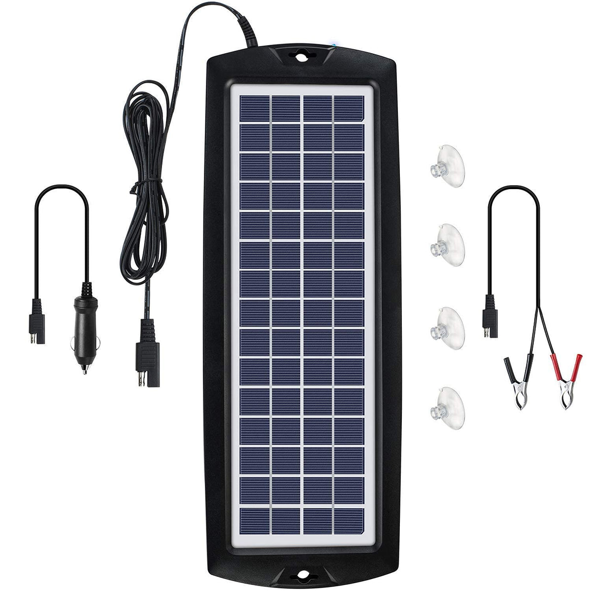 Sunway Solar 4W panel mounted on windshield provides steady 12V battery maintenance.