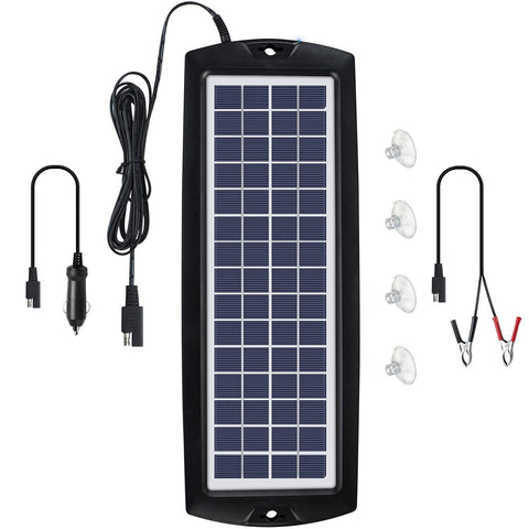 Sunway Solar 4W panel mounted on windshield provides steady 12V battery maintenance.
