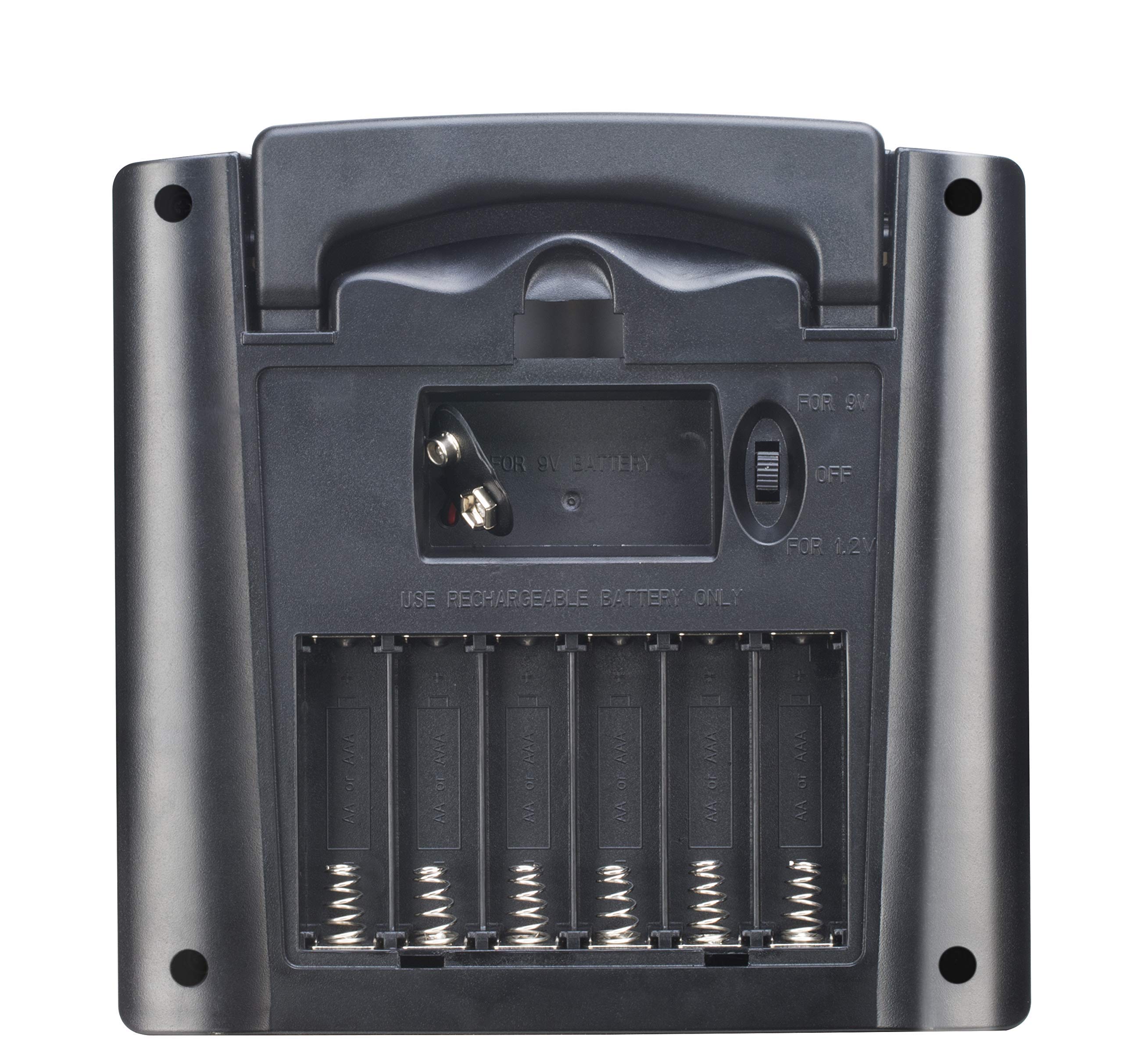 Sunway Solar seven-bay charger powers AA/AAA and 9V cells via solar power.