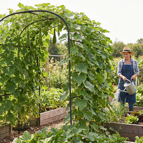 Sunyrisy arched tunnel garden support offers a decorative walkway for climbing plants.