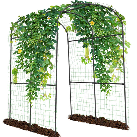 Sunyrisy garden arch trellis with a tall frame supports cucumber and tomato vines outside.