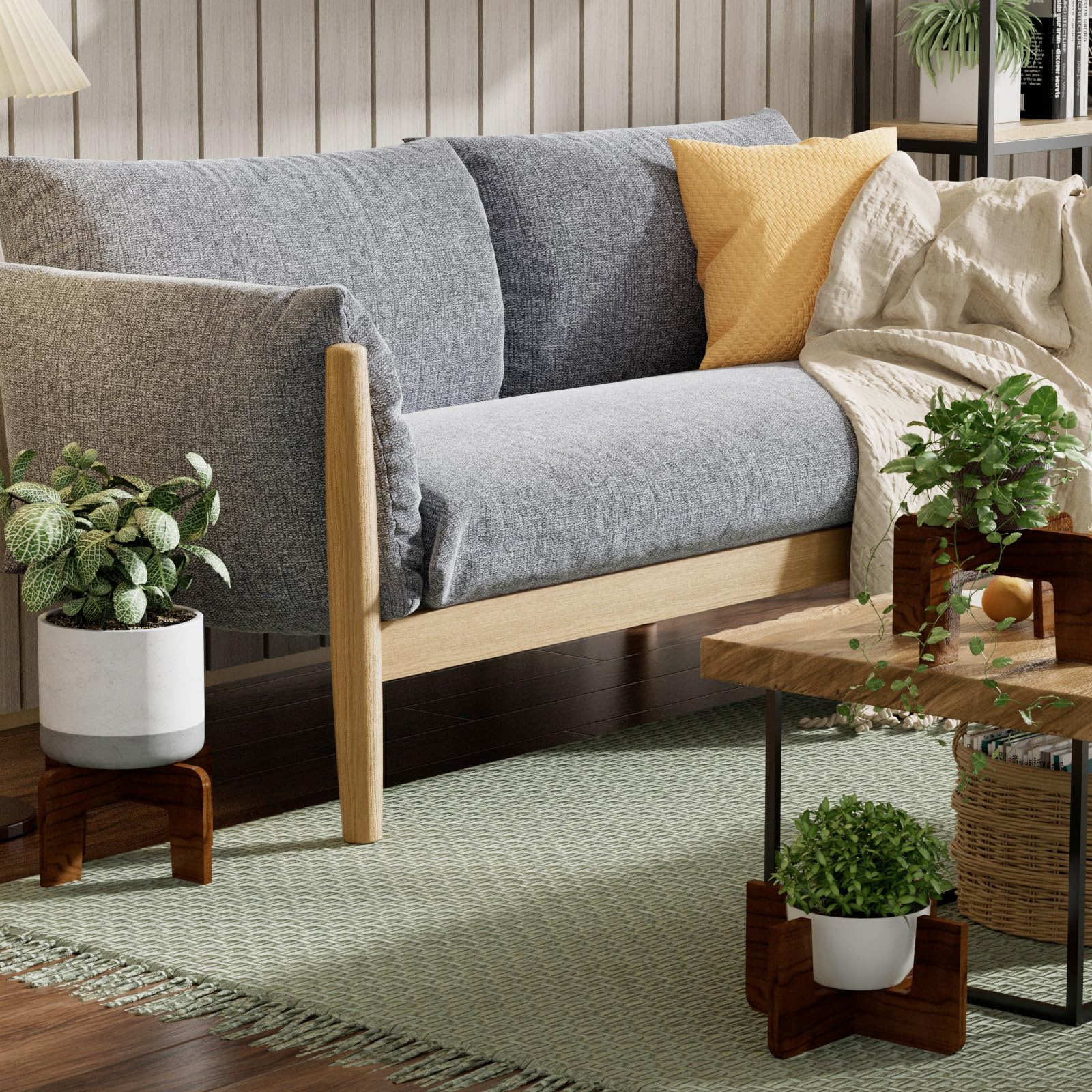SupBambGO brown wooden stand showcases minimalist design beside furniture.