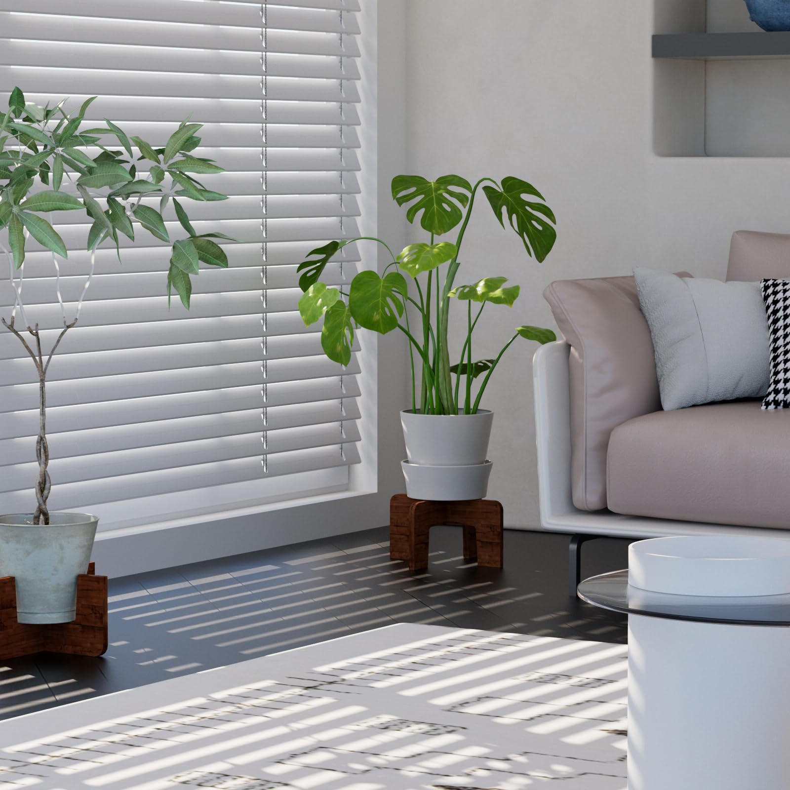 SupBambGO sustainable wood plant holder adds natural charm to a room.